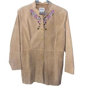 Vintage California Style women’s long leather jacket floral embroidered large